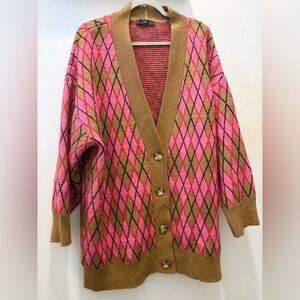 Mango Pink and Tan Argyle Cardigan size xxl